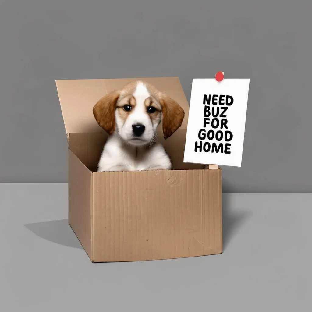 sad puppy in box with a sign saying "Need buz for good home"