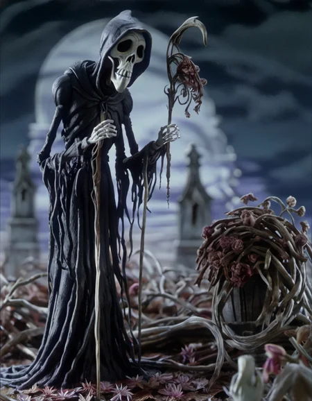 stopmotion, Death: The Grim Reaper stands amidst withering flowers, signifying transformation, rebirth, and change. <lora:STOPMO_1.12_RC:0.9>