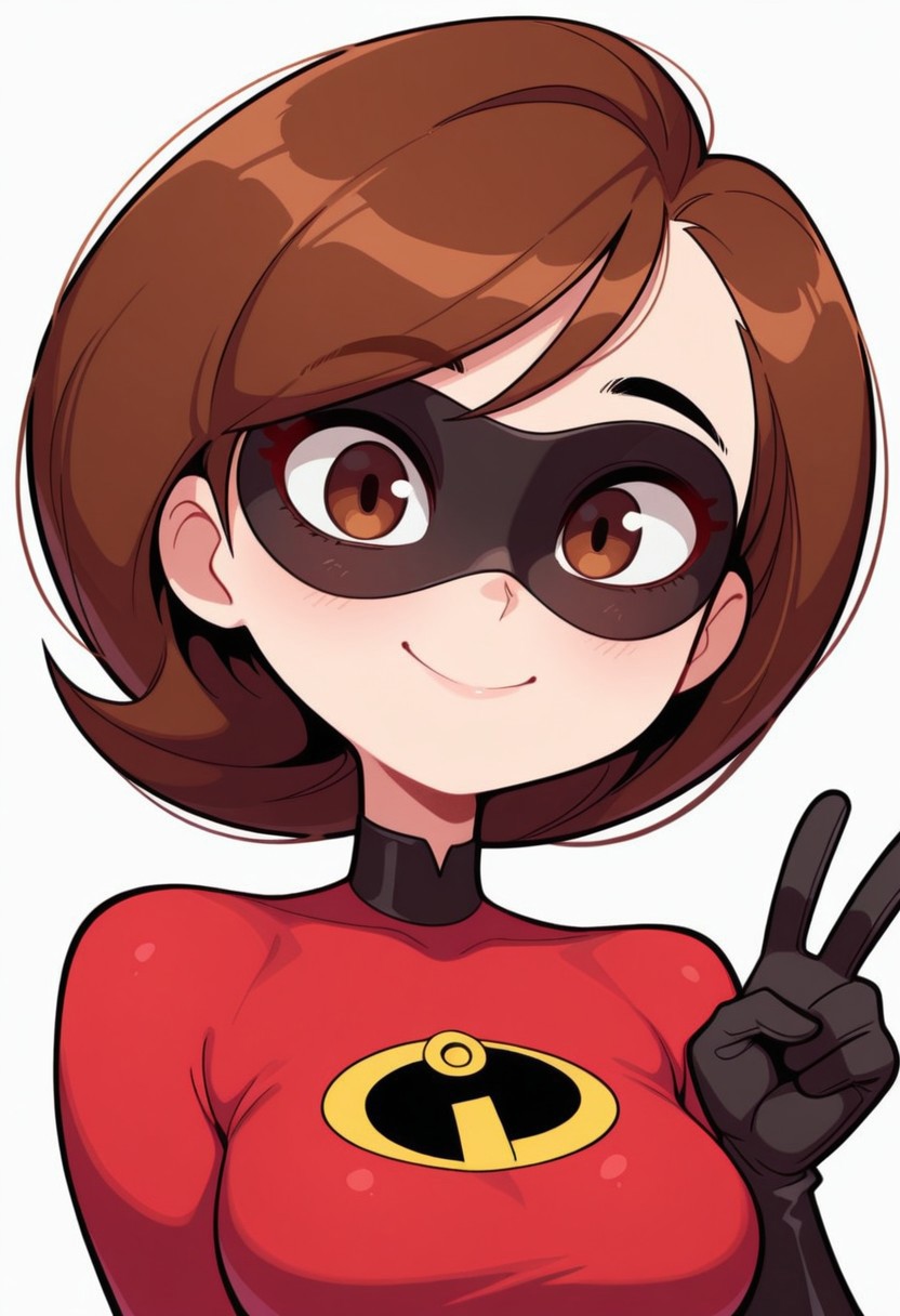 masterpiece, best quality, amazing quality, very aesthetic, absurdres, diives,
masterpiece, 8K, depth of field, focused subject, best quality,newest, absurdes, 
1girl, helenparr, brown hair, brown eyes, domino mask, red bodysuit, black gloves,
upper body, smile, looking at viewer, solo, simple background, white background,  <lora:HelenParrNoobXL_byKonan:1>
