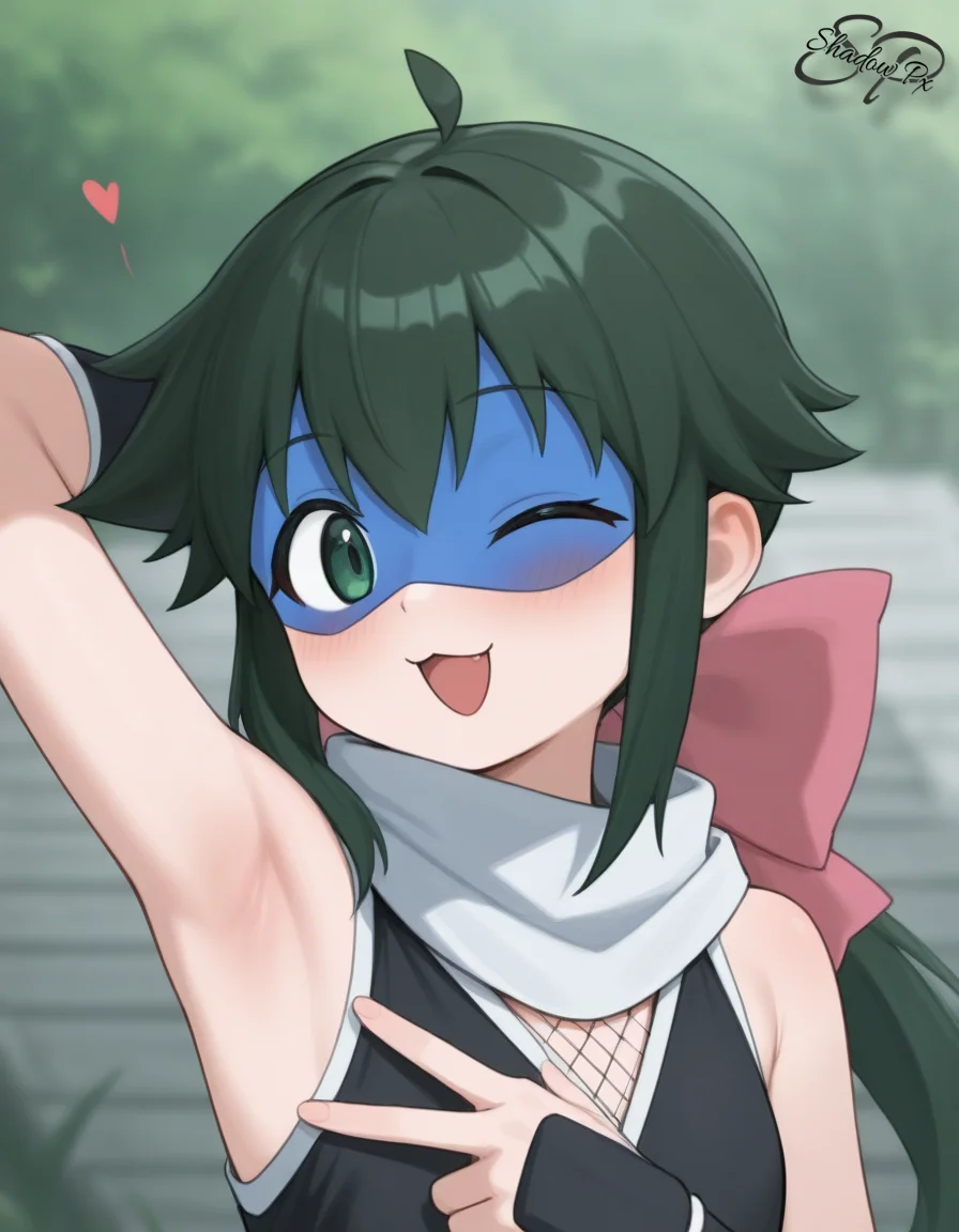 best quality, very aesthetic, absurdres, K0YUK14ZUM4Y4, 1GIRL, medium breasts, GREEN EYES, GREEN HAIR, HAIR BOW, LONG HAIR, PONYTAIL, SCARF, NINJA, MASK, Do not draw ribbon on the obi, red obi, mask that covers the forehead,kuji-in, hand up, looking at viewer, upper body, thighs, night, moon, outdoors,bewitching,bent over, from behind,ass, blush, embarrassed