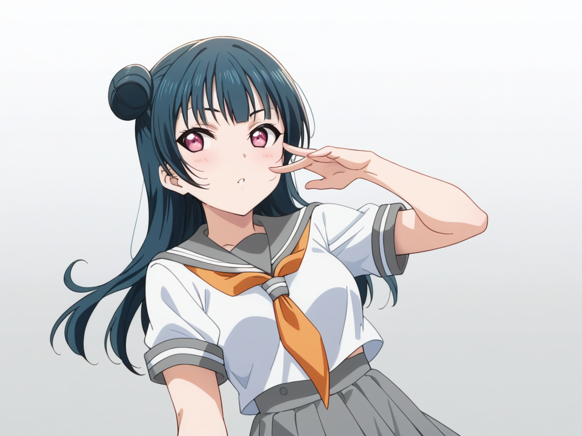 score_8_up,score_7_up, solo focus, 1girls, source_anime,
tsushima yoshiko, blue hair, pink eyes, long hair, single side hairbun,
uranohoshi school uniform, serafuku, white shirt, neckerchief, grey dress, grey skirt,
medium shot,
simple background, gradient background, <lora:yoshiriko-sdxl:1>