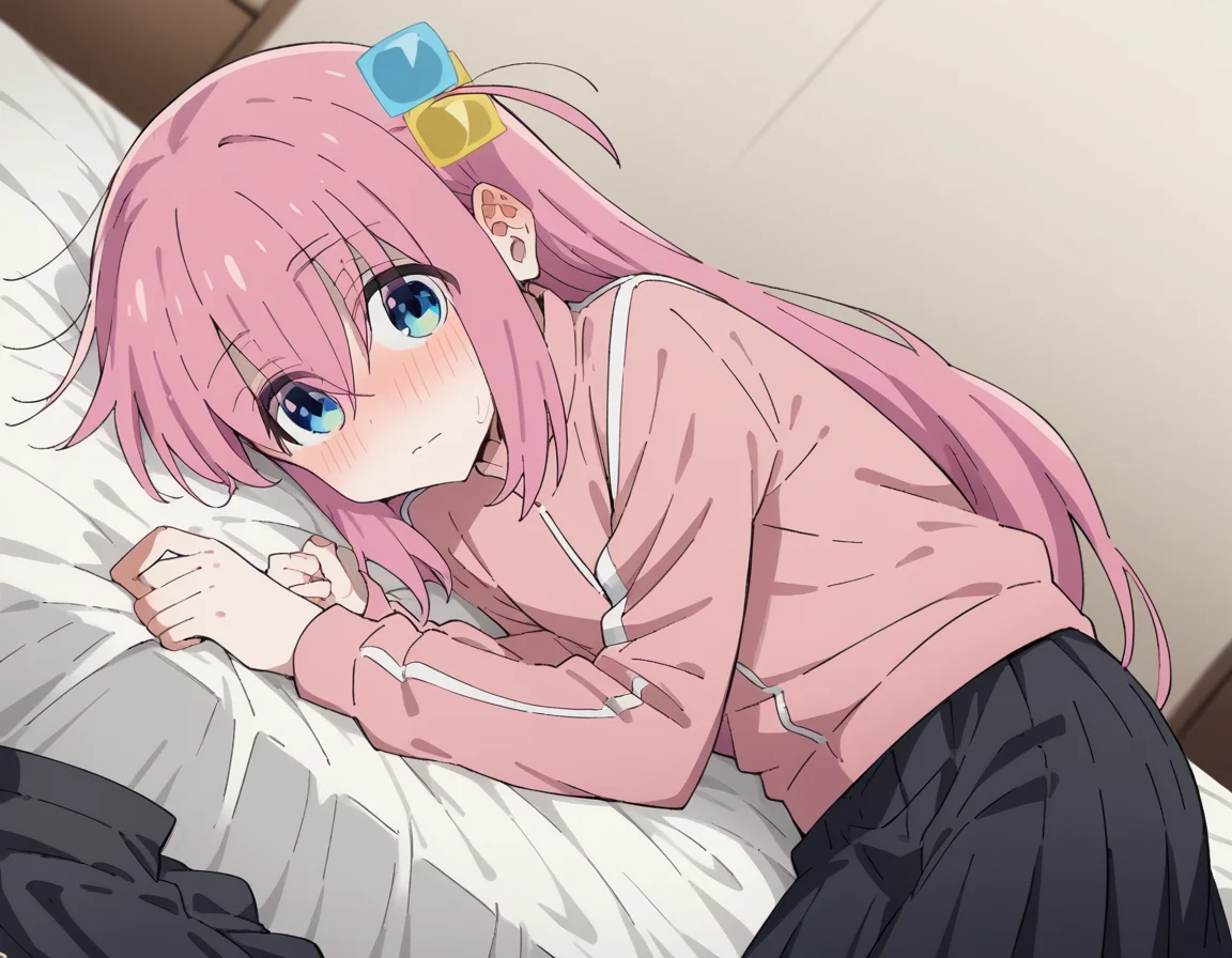 score_9, score_8_up, score_7_up, source_anime,
hitorigotou, <lora:hitori-gotou-s1-ponyxl-lora-nochekaiser:1>,
hitori gotou, blue eyes, cube hair ornament, hair between eyes, hair ornament, pink hair, one side up, long hair,
black skirt, jacket, long sleeves, pants, pants under skirt, pink jacket, pink pants, pleated skirt, skirt, track jacket, track pants, track suit,
indoors, bed, bed room, on side, blush, drunk,
cowboy shot, solo, dutch angle, looking at viewer,