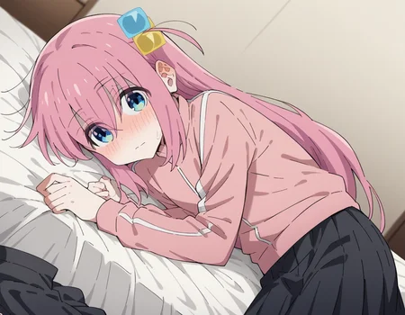 score_9, score_8_up, score_7_up, source_anime,
hitorigotou, <lora:hitori-gotou-s1-ponyxl-lora-nochekaiser:1>,
hitori gotou, blue eyes, cube hair ornament, hair between eyes, hair ornament, pink hair, one side up, long hair,
black skirt, jacket, long sleeves, pants, pants under skirt, pink jacket, pink pants, pleated skirt, skirt, track jacket, track pants, track suit,
indoors, bed, bed room, on side, blush, drunk,
cowboy shot, solo, dutch angle, looking at viewer,
