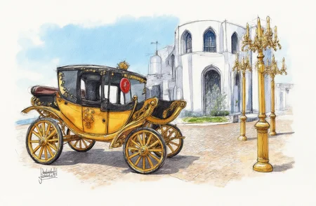 Sharp image of a rough sketch, rendered in vibrant multi colour ballpoint pen, capturing the adorable features of a luxurious horse-drawn carriage parked on a cobblestone street. The carriage is made of gold and has a black canopy with gold accents. It has four large, ornate wheels with gold spokes and a red and gold emblem on the front. The wheels are decorated with intricate designs and patterns. On the right side of the carriage, there are two tall, golden candelabras with intricate details. In the background, there is a large white building with arched windows. The sky is blue and the overall atmosphere of the image is elegant and regal.  p3nsk, <lora:p3nsk:1>