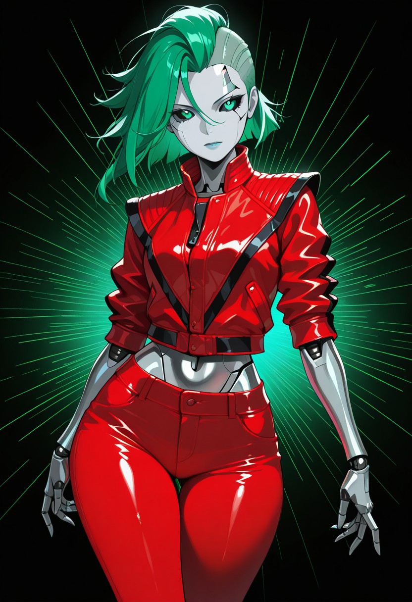 robot girl, android woman, gray metallic skin, green hair, hair covers on one side of the head, no hair on sides of the head, black sclera, green iris, cybernetic lines across the face and body, asymmetrical hair, panel lines, short hair, mohawk, flowing hair, sharp angles, dynamic pose, wide hips, covered ears, flat sides of the head, intricate details, ultra sharp, exquisite detail, flawless composition, vivid colors, masterpiece, semi realistic, cartoon,, thriller_(michael_jackson), red leather jacket, red leather pants