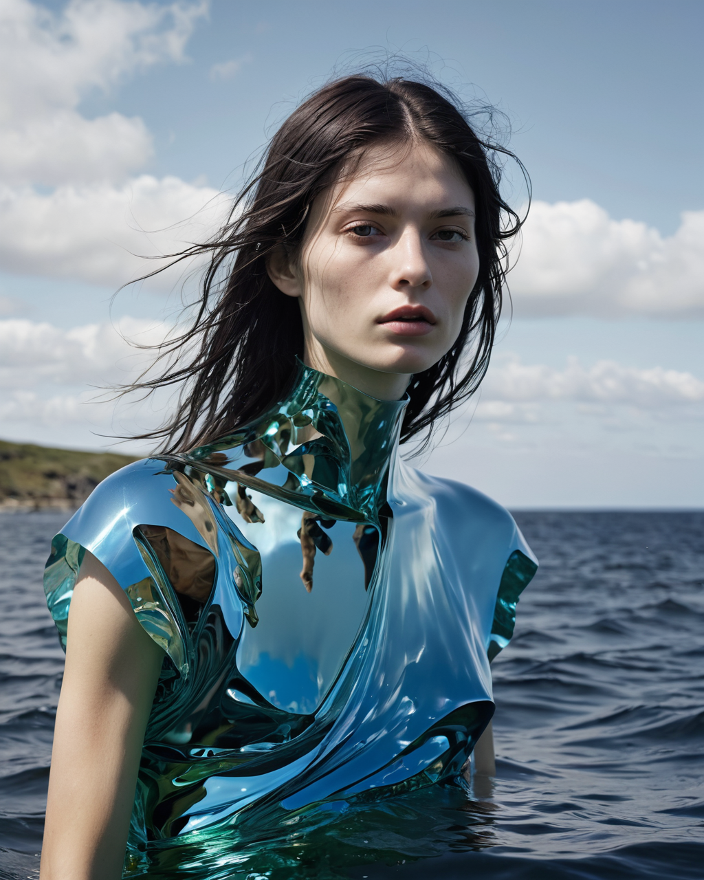 Fang hair tucking, water, reflections, transparency, sculptural, vivid color, The Shattering Isles, Hervé Guibert,  tenebrism, <lora:add-detail-xl:1>, <lora:xl_more_art-full_v1:0.8>
