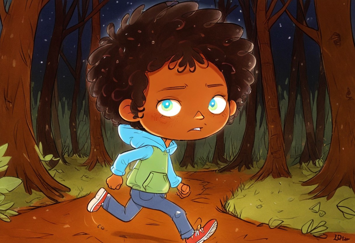 max (camp camp), cartoon theme, max (camp camp), 1boy, solo, human, male focus, curly black hair, curly tousled black hair, afro, dark skin, orange skin, dark-skinned male,  large eyes, round eyes, green eyes,small nose, triangular nose, pointed nose, anoyed face, running,  blue hood, blue pants, small body, young boy, chibi, dark forest, night