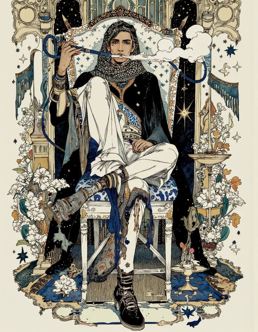 Art by Akiya Kageichi. A stylized illustration of a man seated in a throne-like position, smoking a hookah, surrounded by intricate floral and decorative elements. the man, who appears to be in his mid-twenties, is seated in the middle of the image, wearing a traditional black and white outfit with intricate patterns and designs. he has a serious expression and is holding a blue shisha pipe in his right hand, while his left hand is resting on the throne. the throne is adorned with a patterned cushion and a decorative vase, and the background is filled with a variety of decorative elements, including flowers, stars, and other ornate elements, all in a monochromatic style with black, white, and blue colors. the overall aesthetic is reminiscent of traditional egyptian art, with a focus on the intricate details and vibrant colors used in the illustration.