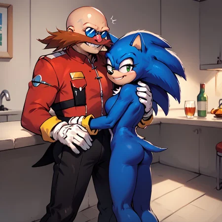 ((Dr Eggman hugging Sonic the Hedgehog)), ((HMOAF)), score_9, score_8_up, head tilt, hug, ((size difference)), ((hugging)), detailed, high resolution, cute, ((perfect detailed face)), ((hugging each other)), easynegative, ((bald human male hugging blue anthro female hedgehog))

[((Dr Eggman)), Eggman, 1boy, gloves, glasses, white gloves, facial hair, round eyewear, mustache, bald head, red military jacket, tall male, smirk, handsome male, smug eggman, goggles on Dr Eggman's head]

((short female furry blue hedgehog)), 1girl, (female Sonic), Sonic_the_Hedgehog, female sonic the hedgehog, blue fur quills, green eyes, featureless chest, detailed fur, white gloves, (small sonic)
