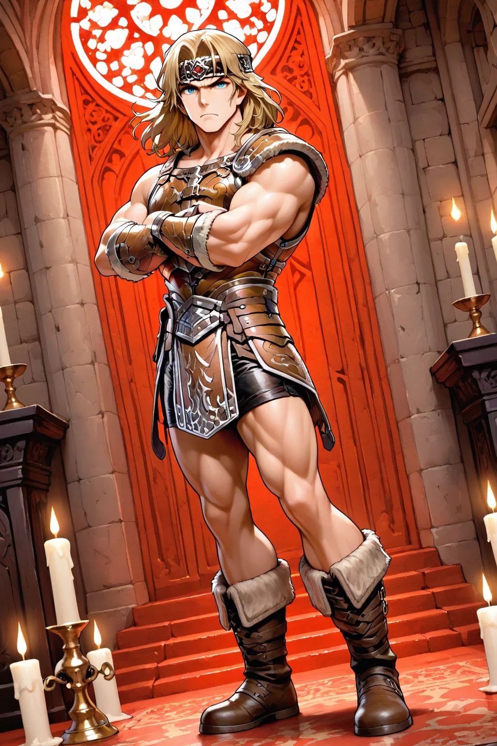 masterpiece,best quality,amazing quality, SIMOIL, 1boy, male focus, muscular, toned male, blue eyes, leather armor, jeweled headband, breastplate, leather shorts, stylized loincloth, one pauldron, vambraces, medium hair, blonde hair, boots, leather tassets, arms folded, serious, looking at viewer, red cathedral background, candles, dutch angle, full body, standing