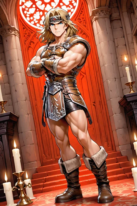 masterpiece,best quality,amazing quality, SIMOIL, 1boy, male focus, muscular, toned male, blue eyes, leather armor, jeweled headband, breastplate, leather shorts, stylized loincloth, one pauldron, vambraces, medium hair, blonde hair, boots, leather tassets, arms folded, serious, looking at viewer, red cathedral background, candles, dutch angle, full body, standing