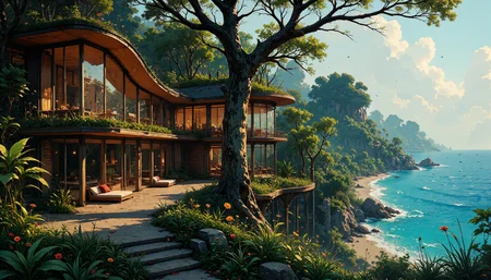 Luxurious cliffside tropical villa, seamlessly integrated into lush jungle canopy. Expansive glass walls, infinity pool overlooking turquoise ocean. Living green roofs, cascading vertical gardens. Natural stone and reclaimed teak construction. Curved organic forms echo surrounding landscape. Indoor-outdoor spaces with retractable walls. Sustainable features: solar panels, rainwater harvesting. Rope bridges connect multiple levels. Exotic flowers and vines intertwine with architecture. Soft ambient lighting, creating magical evening atmosphere. Hammocks and meditation spaces nestled in foliage. 8k resolution, hyper-realistic, architectural photography style. <lora:Ethereal Brush Anime v2.0:0.7> <lora:FluxMythG0thicL1nes:1.0> <lora:flux_dev:1>