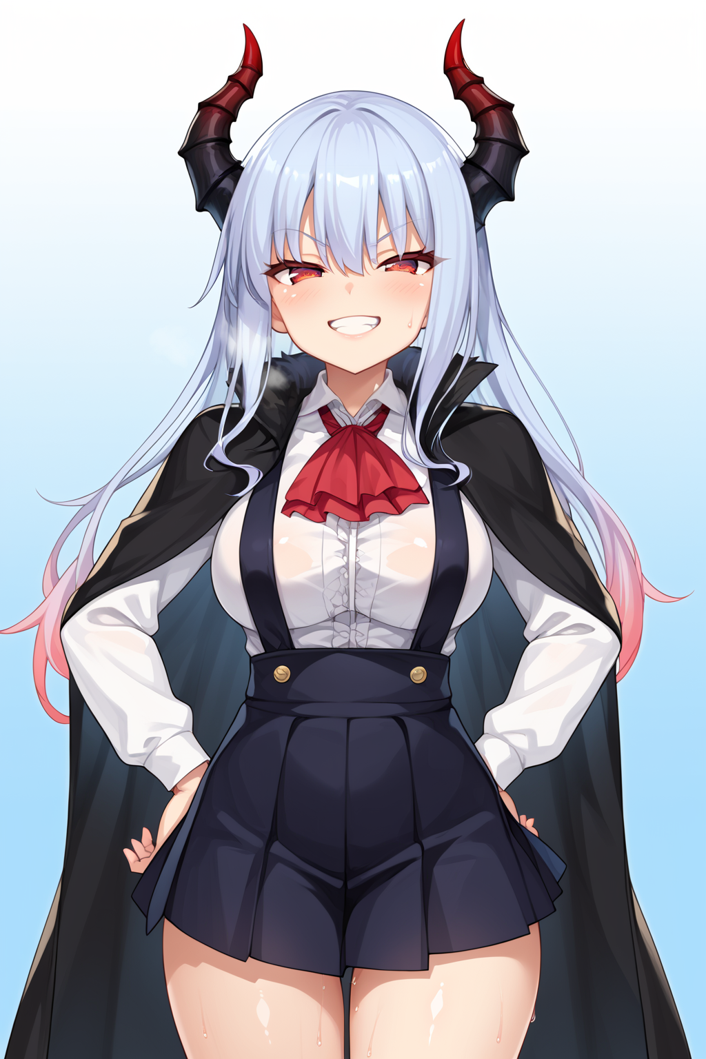 score_9, score_8_up, score_7_up, score_6_up, source_anime, screencap, (1girl:1.4), solo, looking at viewer, view from side, full body, official art, close up, <lora:add-detail-xl:0.7>
curvy figure, wide hips, curvy, thick thighs, cropped legs, blush, cropped legs, collarbone, steaming body, soft skin, shiny skin, (sweaty skin), Expressiveh, <lora:Expressive_H-000001:1> , heavy breathing, naughty face, grin, half-closed eyes, blushed,
simple background, soft lighting,
 (large breasts),
hand on own hips,
long sleeves, white shirt, collared shirt, suspenders, suspender skirt, pleated skirt, black cape, fur trim,
BREAK long hair, gradient hair, multicolor hair, Arco, (horns:1.2), white hair, lilac hair, red ascot, red eyes, v-shaped eyebrows, hair between eyes, bangs, parted lips, <lora:ArcoV2_r1:1>