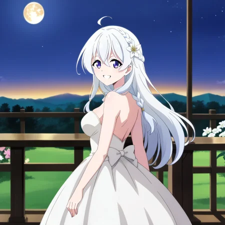 (score_9:0.9),score_8_up,score_7_up,rating_safe,anime style,(zPDXL),masterpiece, anime coloring) rating_safe, anime style, anime_screencap, source_anime,
BREAK source_anime, anime, best quality, masterpiece, rating_safe, uncensored, High quality, 8k, Ultra, 
BREAK (Balcony, night sky, moon, wind),
BREAK  1girl, Elaina (Majo no Tabitabi), long hair, hair between_eyes, blue eyes, purple eyes, white hair, ahoge, braid,
<lora:wedding dress_pony_V1.1:0.8> wedding dress, flower,
BREAK  ((cowboy shot)),(looking back),(hand in own hair),(hand between legs),(from back),
busty breasts,
(medium breasts:1.2),looking at viewer, smile,