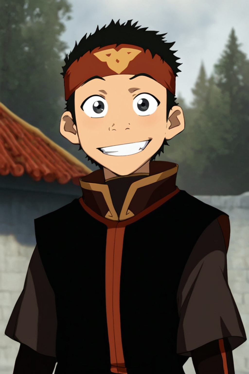 score_9, score_8_up, score_7_up,  <lora:Aang:0.8>, 1boy, solo, aang, fire nation clothing, headband, short hair, black hair, black eyes, looking at viewer, upper body, grin, outdoors,