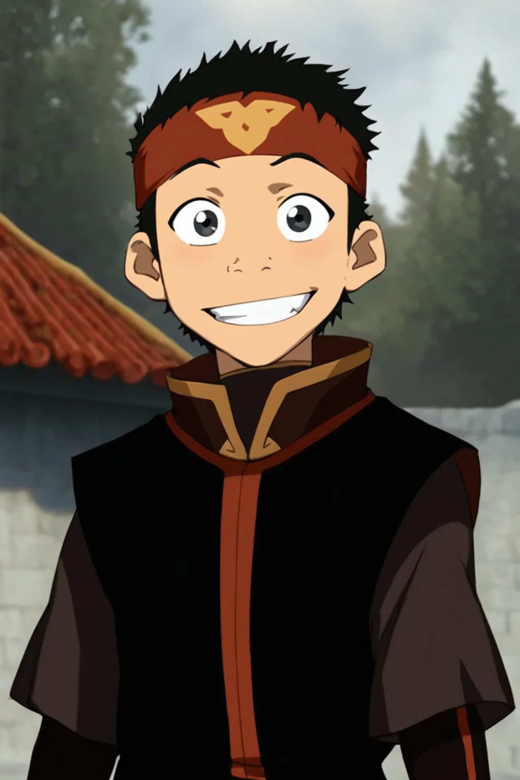score_9, score_8_up, score_7_up, <lora:Aang:0.8>, 1boy, solo, aang, fire nation clothing, headband, short hair, black hair, black eyes, looking at viewer, upper body, grin, outdoors,