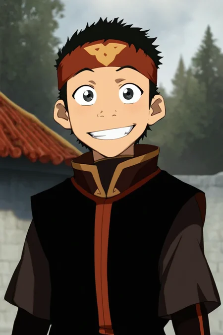 score_9, score_8_up, score_7_up, <lora:Aang:0.8>, 1boy, solo, aang, fire nation clothing, headband, short hair, black hair, black eyes, looking at viewer, upper body, grin, outdoors,