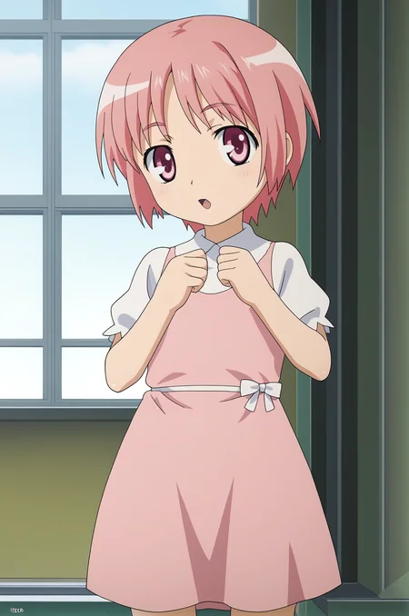 1girl, <lora:Komoe_Tsukuyomi_PonyXL_v1:1>, pink hair, short hair, pink eyes, pink dress,