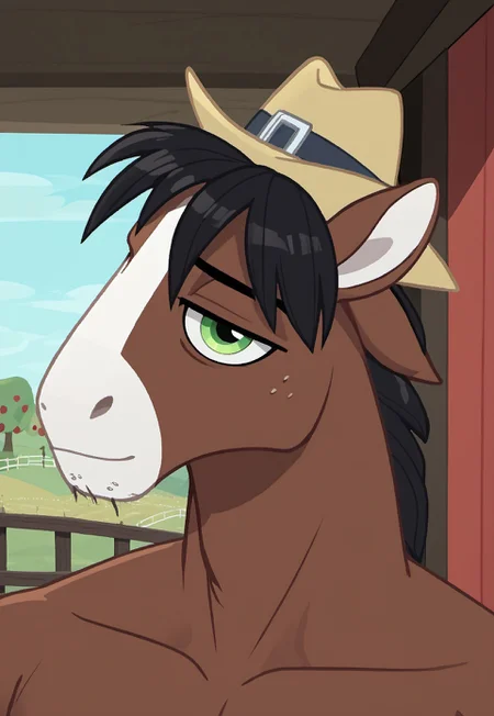 safe_pos, safe_pos, score_9, score_8_up, score_7_up, source_anime, rating_nsfw, ultra hd, absurdres, solo, masterpiece, best quality, best aesthetic, Expressiveh, wolfconf, 1boy

MLPTroubleShoes, hat, green eyes, black hair, anthro, looking at viewer, sweet apple acres background, portrait, headshot, stubble, chin gruff
