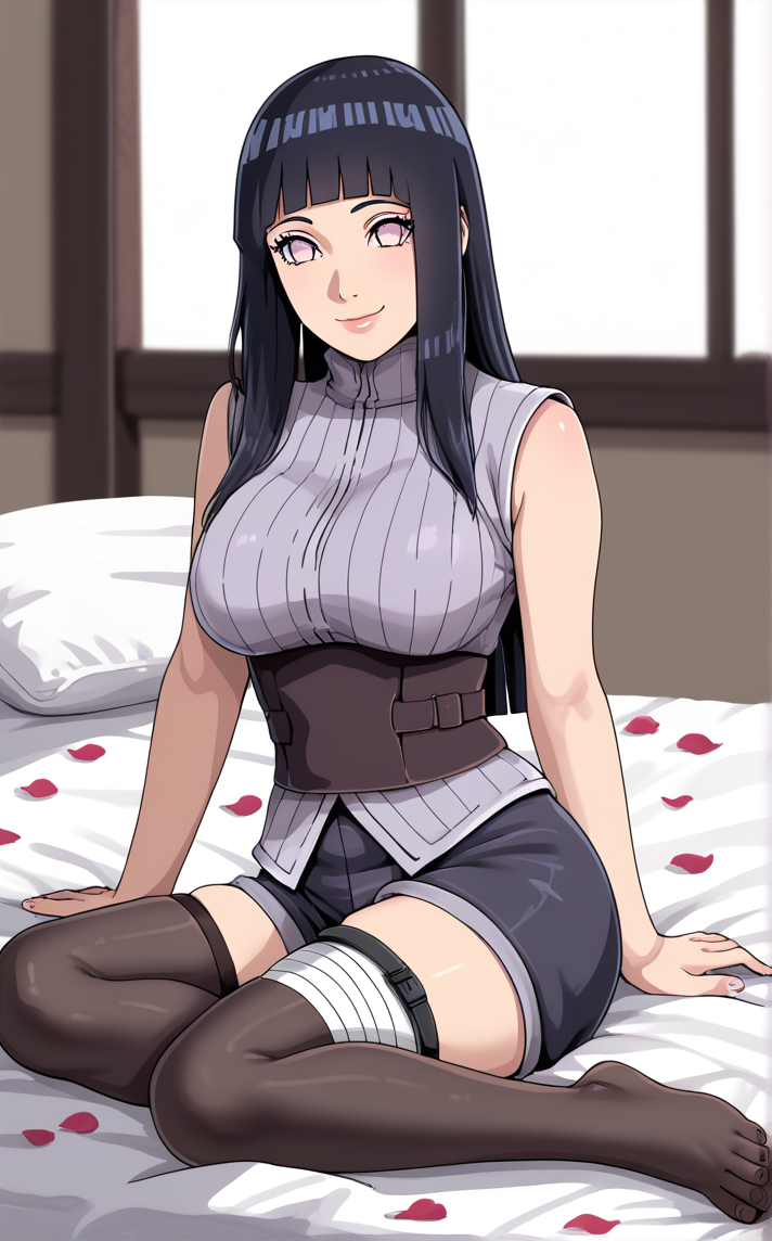 score_9, score_8_up, score_7_up, yokozuwari, barefoot, bed, blurry background, depth of field, indoors, on bed, petals, pillow, shouji, sitting, sliding doors, arm support, looking at viewer, smile, toes, bloom, sidelighting,   <lora:PONYXL_NARUTOShipp_HyugaHinata_ownwaifu:1>, BREAK MainBareshoulders_HyugaHinata_ownwaifu, 1girl, black hair, blunt bangs, hyuuga hinata, long hair, no pupils, purple eyes, straight hair, sleeveless, large breasts, bare shoulders, black shorts, hime cut, short shorts, shiny hair, thigh strap, bandaged leg, sash, sleeveless shirt, black thighhighs, thigh holster, thighhighs, thigh pouch, corset, grey shirt, turtleneck, sidelocks, belt, fishnet thighhighs, fishnets, lips, ribbed sweater, underbust, blunt ends, high collar, holster, zettai ryouiki,<lora:add-detail-xl:0.15>,