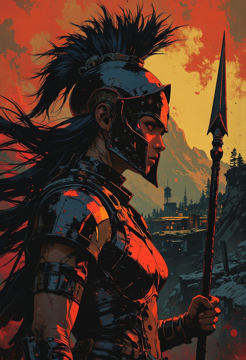 in the style of ck-mgs, nistyle, Inkplash art on rice paper, sepia, henna, Silhouette Art, magnificent, inksplash, closeup portrait, female spartan warrior, flowing black hair, reflective black and neon red armor, armor, holding a spear, abstract background suggesting a mountain top, overlooking a village in a valley, midnight atmosphere, moonlight, moon rays, night, Cowboy Shot, close up,