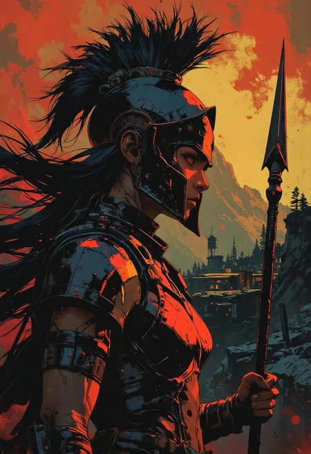 in the style of ck-mgs, nistyle, Inkplash art on rice paper, sepia, henna, Silhouette Art, magnificent, inksplash, closeup portrait, female spartan warrior, flowing black hair, reflective black and neon red armor, armor, holding a spear, abstract background suggesting a mountain top, overlooking a village in a valley, midnight atmosphere, moonlight, moon rays, night, Cowboy Shot, close up,