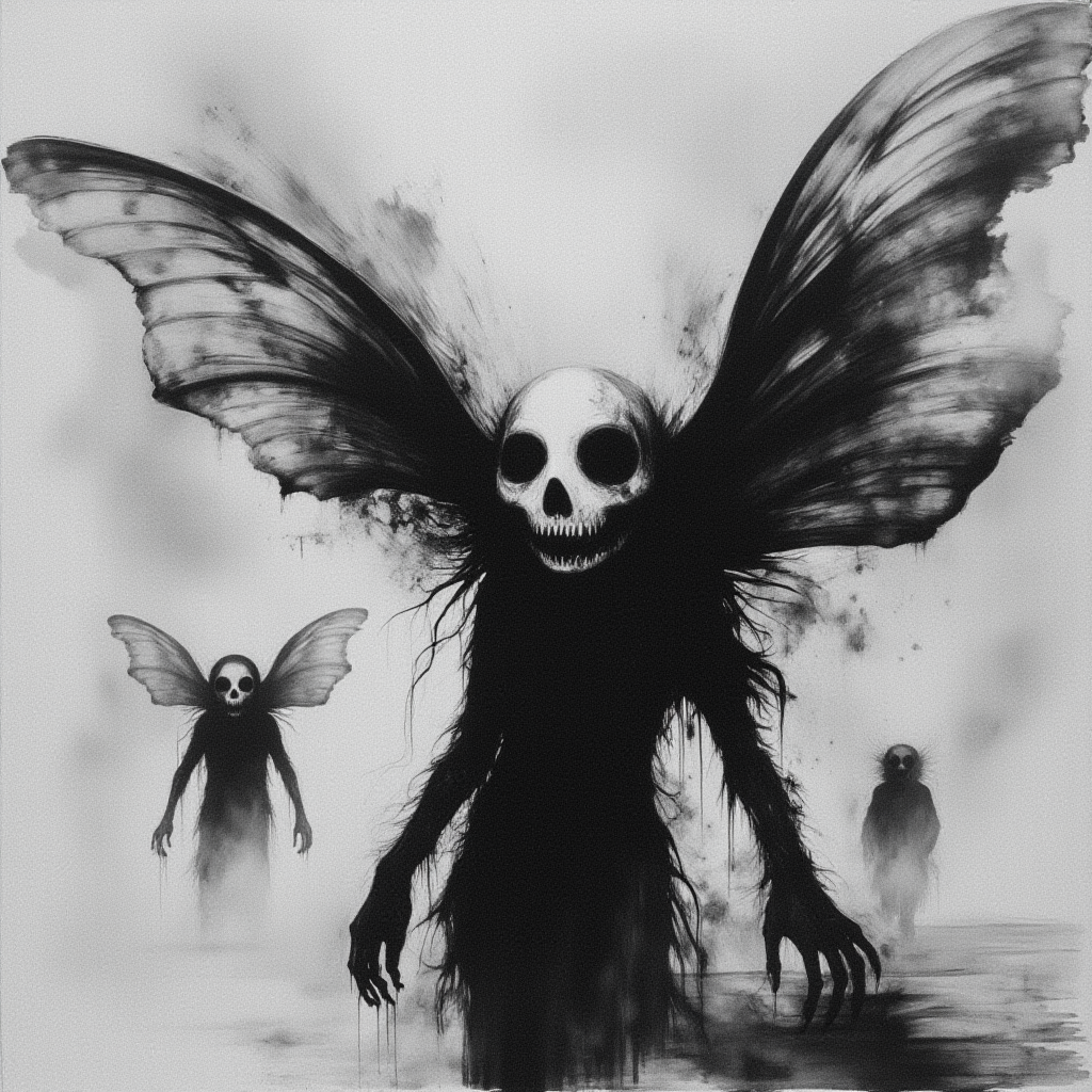 The image is a black and white illustration of a demonic figure with a skull-like face and wings. The figure appears to be standing in a foggy, misty environment with a few other figures visible in the background. The figures are shrouded in a thick fog, giving the impression of a mysterious and eerie atmosphere. The overall mood of the image is dark and eerie.