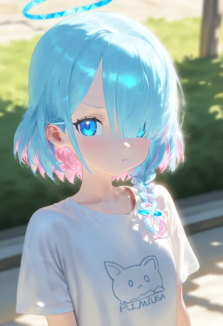 nyalia,sunlight,
arona (blue archive), 1girl, blue eyes, shirt, blue hair, halo, white shirt, multicolored hair, looking at viewer, solo, hair over one eye, pink hair, pout, braid, :t, blue halo, closed mouth, upper body, colored inner hair, short sleeves, blurry background, blurry, t-shirt, alternate costume, two-tone hair, outdoors, short hair, single braid,
[depth of field, shadow, {cinematic lighting}],  <lora:nyalia:1>