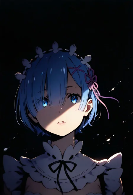 1girl,Rem (Re: Zero), solo, dark, light, masterpiece, best quality, very aesthetic, close up, parted lips