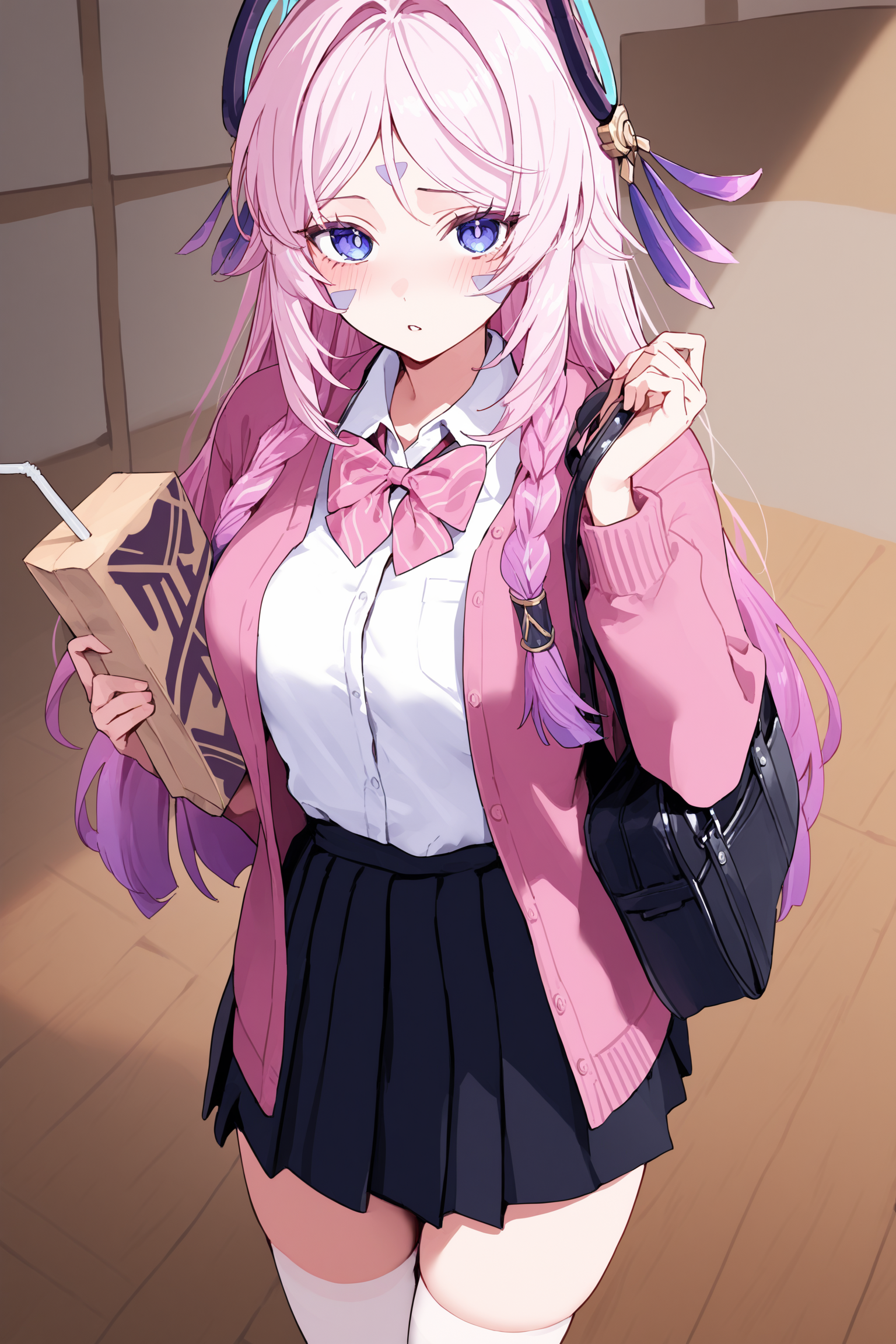 citlali \(genshin impact\), genshin impact,
1girl, alternate costume, bag, black skirt, blush, bow, bowtie, box, collared shirt, drinking straw, facial mark, hand up, holding, holding box, indoors, jacket, long hair, long sleeves, looking at viewer, open clothes, open jacket, parted bangs, parted lips, pink bow, pink bowtie, pink hair, pink jacket, school bag, school uniform, shirt, shirt tucked in, skirt, solo, standing, thighhighs, white shirt, white thighhighs, wooden floor, zettai ryouiki,
score_9, score_8_up, score_7_up, score_6_up, masterpiece, best quality, very aesthetic, highres, absurdres, nsfw, <lora:citlali-NAI-SDXL:0.7>, <lora:illustrious_noobai_epsilon_pred_11_very_aesthetic_v1:1>