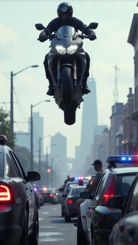 An epic motorcycle jump over a row of police cars, with the rider in mid-air, gripping the handlebars tightly. Below, the cops look up in shock as the city’s skyline stretches out in the distance.
,<lora:aidmaGTA6:1> aidmagta6,
<lora:ImageUpgraderV2:0.35> ,detailmaximizer,
<lora:aidmaMJ6.1-FLUX-V0.1:0.55>,midjourneyv6.1