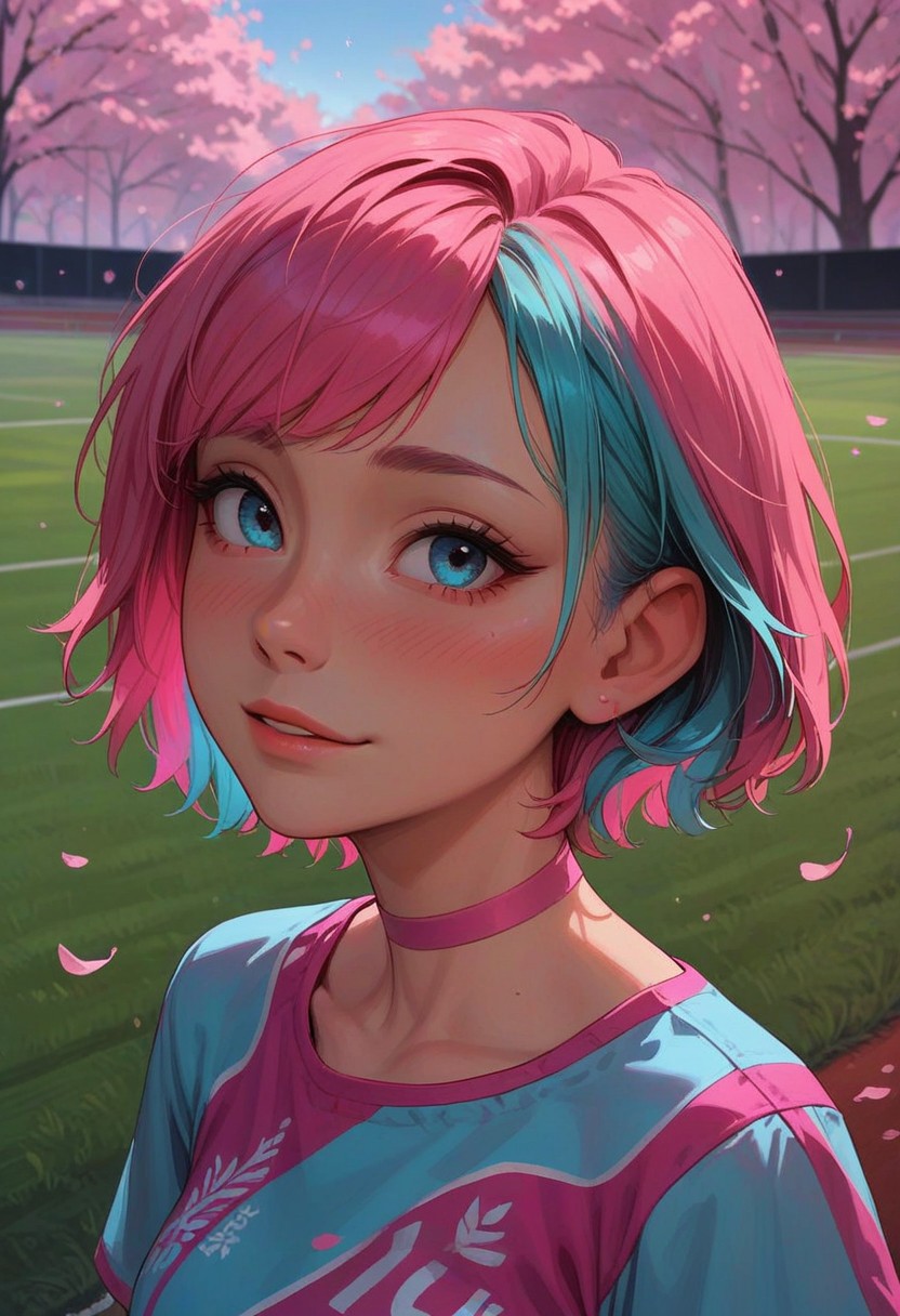 score_9_up, score_8_up, score_7_up, score_6_up, 1girl, 25 years old, perfect face, cute, petite, 
three quarter view, detailed face, portrait, face focus, depth of field, looking at viewer, blush, shy smile, close up, 
cyan eyes, 
multicolored hair, colored inner hair, pink hair, cyan hair, short hair, 
pink choker, 
cyan shirt, print shirt, 
running track, track and field, trees, day, cherry blossoms,
