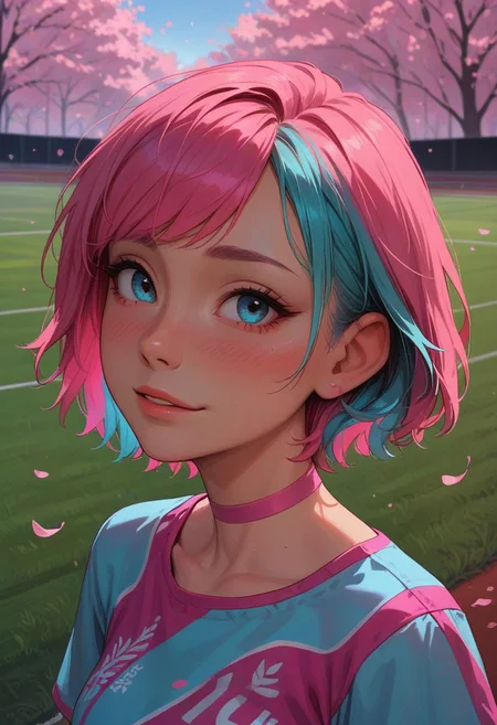 score_9_up, score_8_up, score_7_up, score_6_up, 1girl, 25 years old, perfect face, cute, petite,
three quarter view, detailed face, portrait, face focus, depth of field, looking at viewer, blush, shy smile, close up,
cyan eyes,
multicolored hair, colored inner hair, pink hair, cyan hair, short hair,
pink choker,
cyan shirt, print shirt,
running track, track and field, trees, day, cherry blossoms,