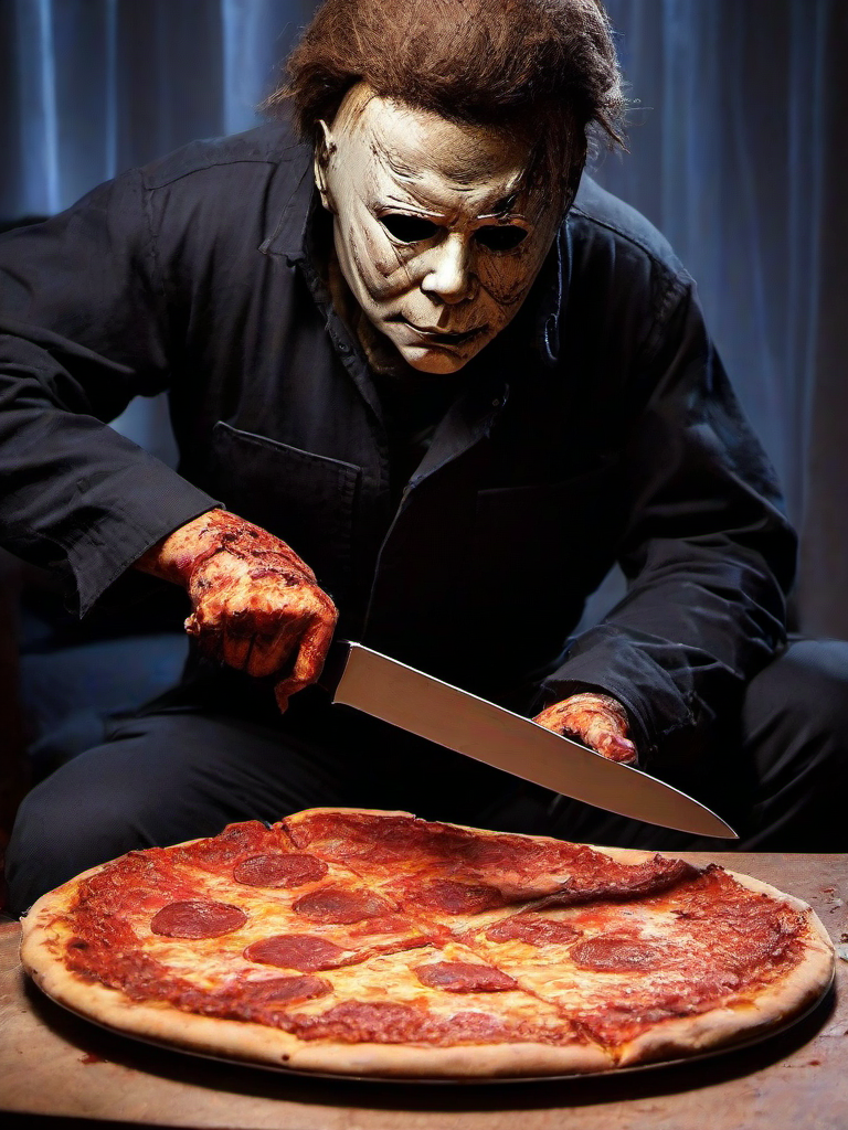 Masterpice,High Quality,
 <lora:PE_Michael Myers:0.8> PEMichaelMyers,
slicing pizza with a knife,