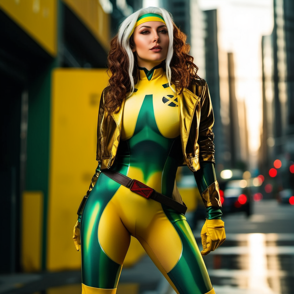 Rogue1024, a woman full body,  wears a yellow and green superhero suit and a jacket, cyberpunk city background, highly detailed,  photography, ultra sharp, film, professional, 64k  <lora:add-detail-xl:1.5> <lora:Rogue1024:0.8>