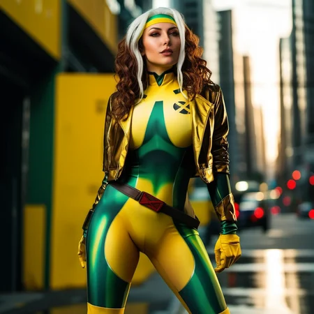 Rogue1024, a woman full body, wears a yellow and green superhero suit and a jacket, cyberpunk city background, highly detailed, photography, ultra sharp, film, professional, 64k <lora:add-detail-xl:1.5> <lora:Rogue1024:0.8>