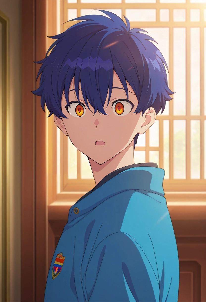 masterpiece, best quality, , anime screencap, anime coloring, official style, , 1boy, solo, male focus, <lora:yomogi_asanaka_ilxl:0.92>, yomogi_asanaka, blue hair, orange eyes, short hair, bangs, hair between eyes, , , Alhambra, Spain, intricate mosaics, lush gardens, walking pose, amazed expression, warm sunlight,