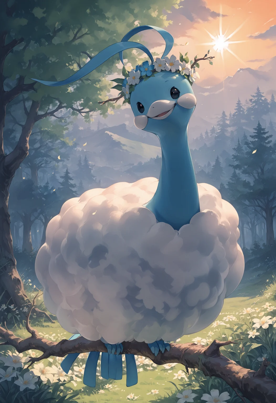 score_9, score_8_up, score_7_up, source_anime BREAK
forest, trees, leaves, flowers, grass, sunset, evening, sunbeam, lens flare, flower petals, (solo:1.3)
ALT4R14, black eyes, blue feathers, white cloud-like wings, white beak, white cheek patches, bird, blue bird feet, bird tail, animal focus, 2 blue headfeathers, folded wings
(standing:1.2), (on branch:1.2), head tilt, happy, wearing flower crown, (looking at viewer:1.3), facing viewer
no humans <lora:Altaria:1>
