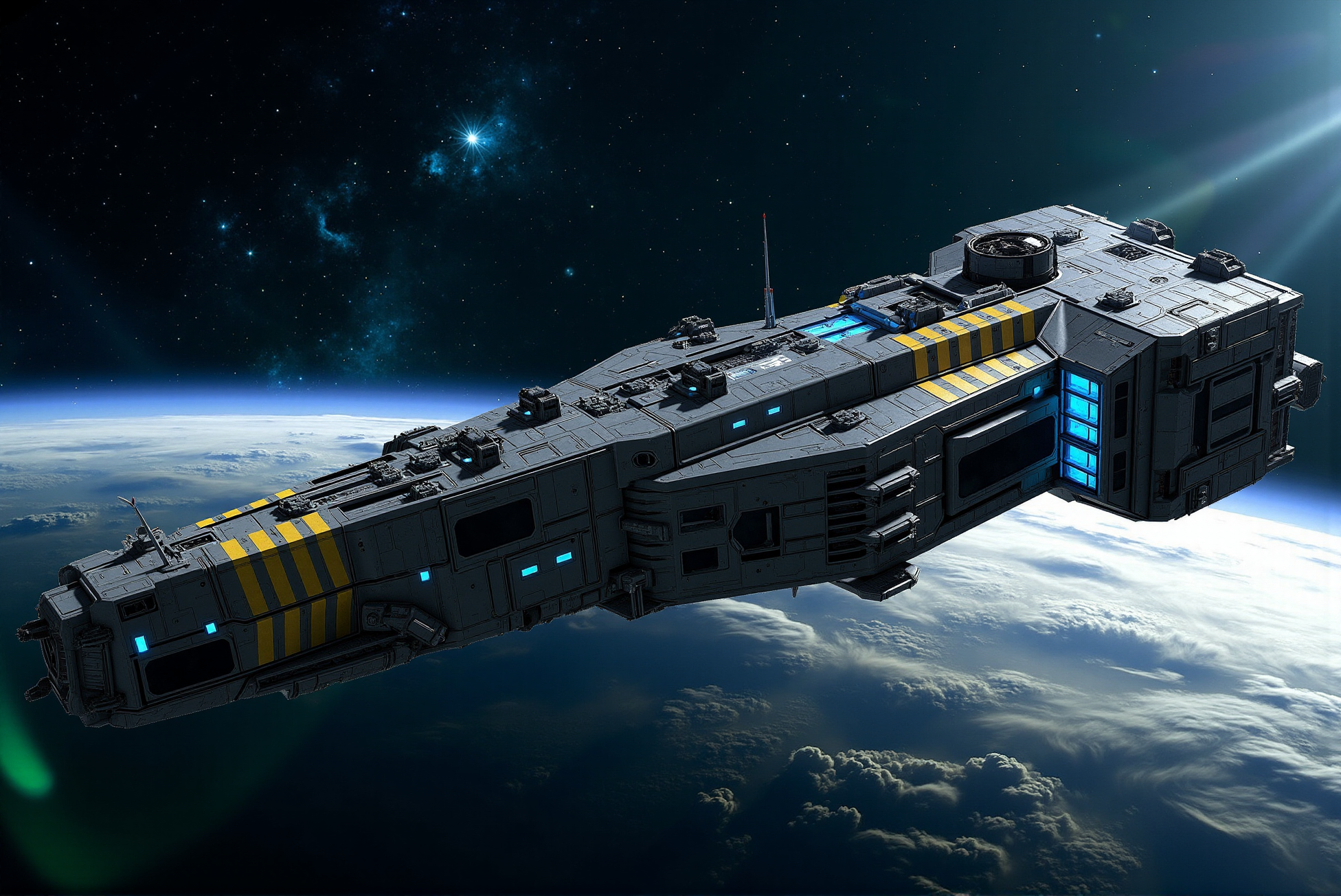 <lora:SpaceCraft_v.1:0.8> SPCCRFT style. A heavily-armored spacecraft drifts above the surface of an alien world, its robust design exuding a sense of resilience and deep-space endurance. The shipâs angular, industrial hull is adorned with bold yellow hazard stripes that contrast against the dark metallic gray plating, suggesting a utilitarian purpose focused on exploration, cargo transport, or military logistics. Intricate paneling, reinforced bulkheads, and an array of hatches and docking ports line the vessel's exterior, hinting at its multifunctional capabilities and adaptability to harsh environments. Bright blue illumination from observation windows and operational modules punctuates the shipâs rugged surface, casting a cool glow that enhances its futuristic aesthetic. Along the midsection, a series of mechanical components, sensor arrays, and external storage compartments are meticulously arranged, reflecting the complexity of its design. The rear thrusters, partially visible, suggest a powerful propulsion system engineered for sustained interstellar travel, with smaller maneuvering jets positioned strategically for precision control in orbit. The backdrop features a breathtaking cosmic vista, with swirling nebulous clouds and distant stars providing a striking contrast to the shipâs mechanical presence. A bright star casts subtle lens flares and highlights across the hull, emphasizing the intricate textures and structural details of the vessel. Below, the curvature of the planetâs surface, shrouded in thin atmospheric haze, reinforces the shipâs scale and operational altitude. Rendered in a photorealistic sci-fi art style, the composition utilizes dramatic lighting, detailed texturing, and a carefully composed perspective to evoke themes of exploration, industrial might, and the relentless human pursuit of expansion into the unknown reaches of space. The shipâs design conveys a sense of strength and reliability, positioning it as a vital asset in the ongoing effort to conquer the final frontier.