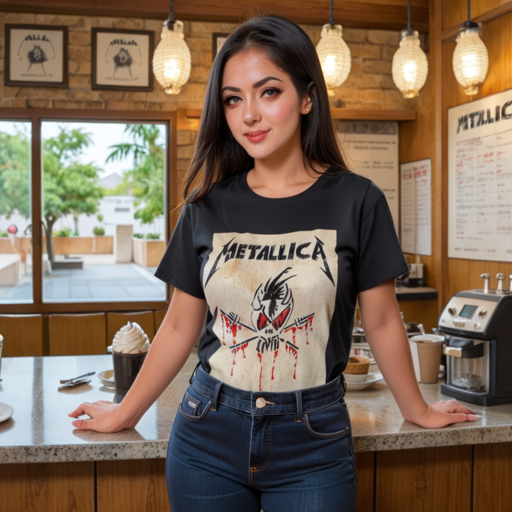 anime artwork masterpiece, ultra quality, ultra detailed, a woman wearing a Metallica t-shirt, metallica logo, bones design, she's wearing black jeans in a coffee shop. mtbs, metallica, metallica_bones, metallica logo, metallica t-shirt mtbs, metallica_bones, <lora:Metallica-Bones-tshirt-ponyv2:0.8> mtbs, metallica, metallica_bones, metallica logo . anime style, key visual, vibrant, studio anime,  highly detailed