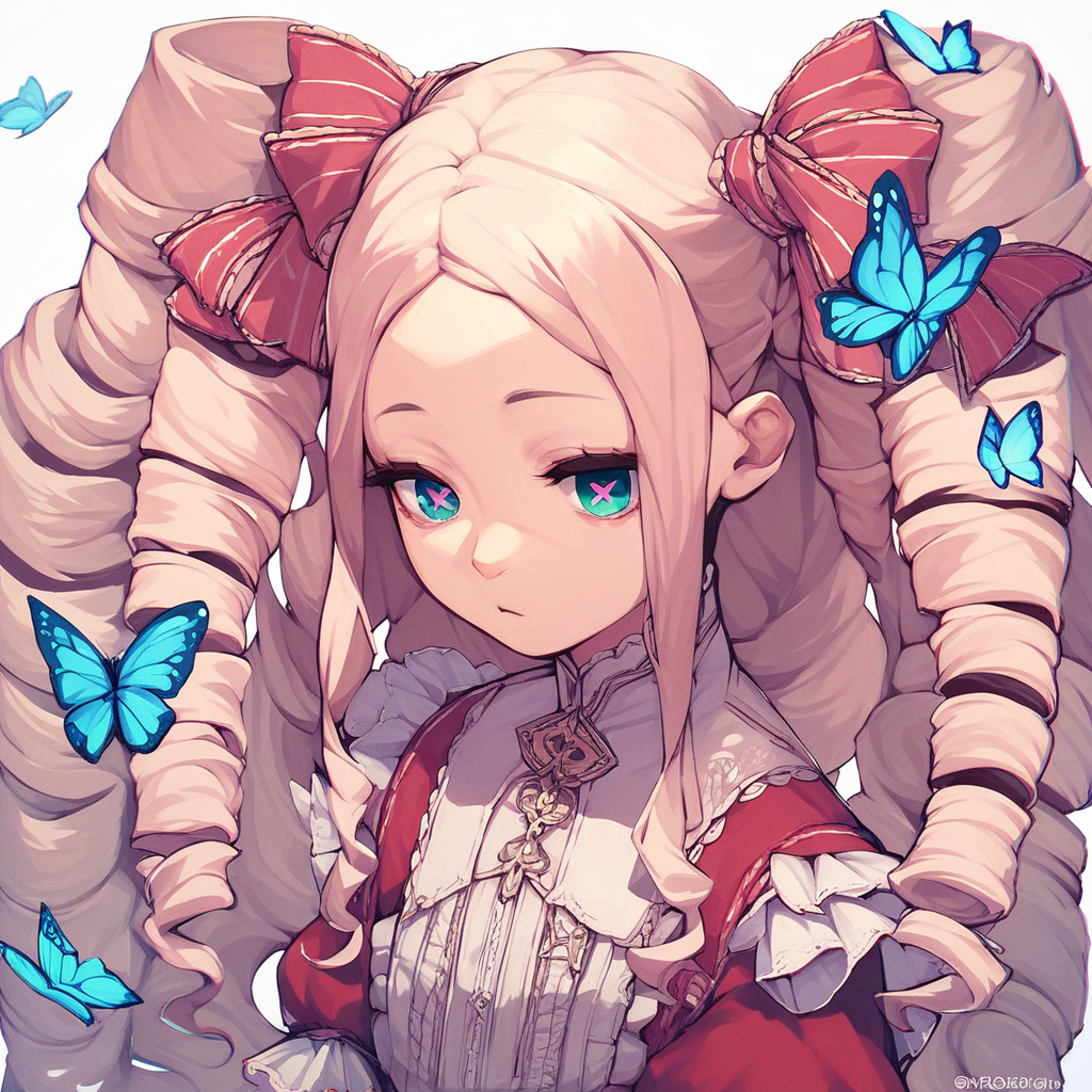 score_9, score_8_up, score_7_up, score_6_up, score_5_up, score_4_up, 1girl, Beatrice, long hair, twin drill hair, side locks, symbol shaped pupils, butterfly pupils