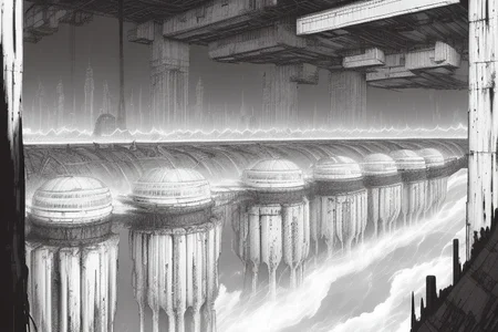 cyberpunk building structures, detailed background, vast, gigantic, decrepit scenery, covered in large tubes and cables, dim light, ((heavy black and white)), <lora:Blame!:1>