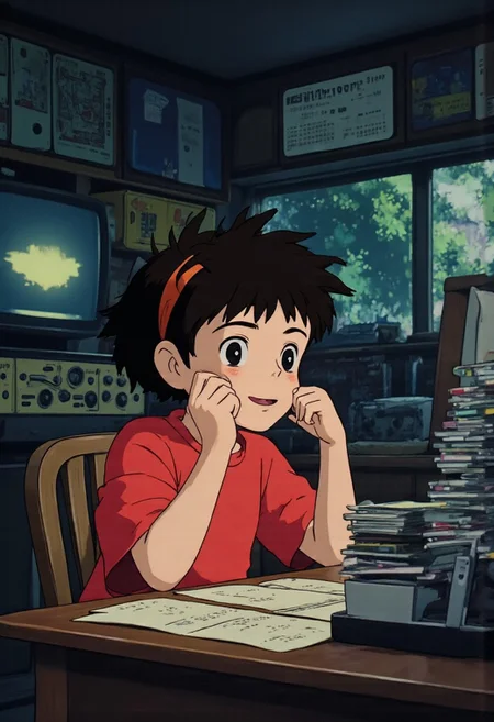 retro anime artwork
The screen flickers and goes static briefly before resolving into a pixelated image.
A voice echoes through the speakers, distorted and echoey...Hello, hello, testing...is this thing on?
The video feed stabilizes, revealing a dimly lit room cluttered with electronics and wires. Sitting at a desk covered in computer components is a person wearing a VR helmet, their face obscured by the device.
They lean back in their chair, rubbing their temples.
Turning to face the camera, they remove the helmet, shaking out their short, messy hair.
Anyway, welcome to another episode of Artificially Autistic Isolation Station! Your friendly neighborhood neuro-diverse streamer bringing you the finest in weird music, abstract visuals, and existential crises.
Grinning mischievously, 
they hold up a stack of CDs.Tonight's musical lineup includes everything from experimental noise to avant-garde jazz fusion to underground electronic artists that probably shouldn't exist based on the laws of physics and sanity. Prepare yourself for a sonic odyssey unlike any other!
studio Ghibli, (art by Hayao Miyazaki), adventure, animation, characters, fantasy, film, Japanese, kids-book, manga-anime, whimsy,
reminiscent of 80s and 90s anime, aerial shot, aesthetic, dreamy, vibrant, vivid, textural, artistic, anime style, key-visual, studio anime, beautiful, painterly, highly detailed, ultra-detailed, intricate details, absurdres, 
aidmaMJ6.1