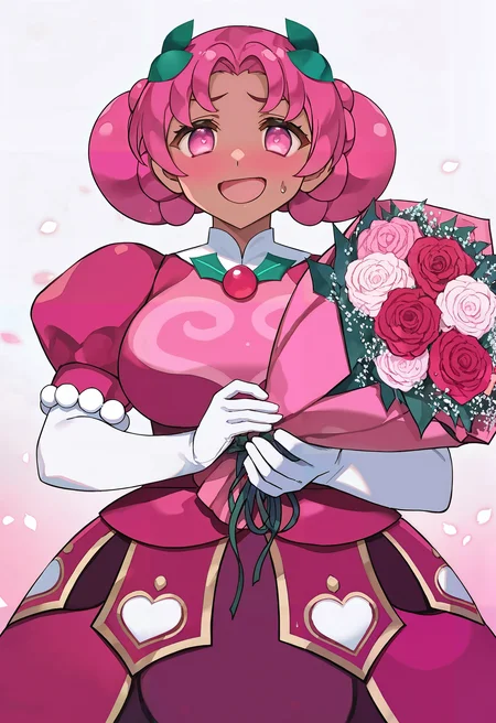 hbcrk, year 2024, masterpiece, best quality, ultra-detailed, very aesthetic, very awa, newest, absurdres, highres, 1girl, pink eyes, dark pink hair, solo, dark skin, dark-skinned female, hair ornament, puffy sleeves, hair bun, mature female, white pantyhose, double bun, red dress, medium breasts, upper body, :d, holding bouquet, artist:amazuyu tatsuki, bouquet, blush, sweatdrop, standing, straight-on