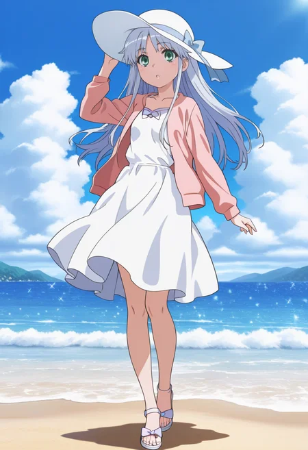 newest, masterpiece, best quality, 4k,
outdoors,beach, blue sky, clouds, very aesthetic, detailed background, full body,
1girl, solo,   <lora:Index:1> 1ndex, index (toaru majutsu no index), grey hair, long hair, green eyes,white dress, pink jacket, sun hat,