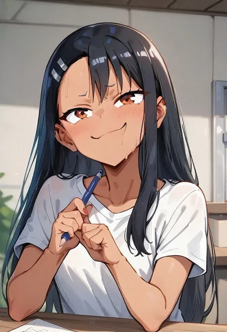 masterpiece, best quality, high resolution, absurdres, solo, 1girl, Hayase Nagatoro, Black hair, Long hair, Amber-Maroon eyes, smug, t-shirt, holding a pencil, house, upper body