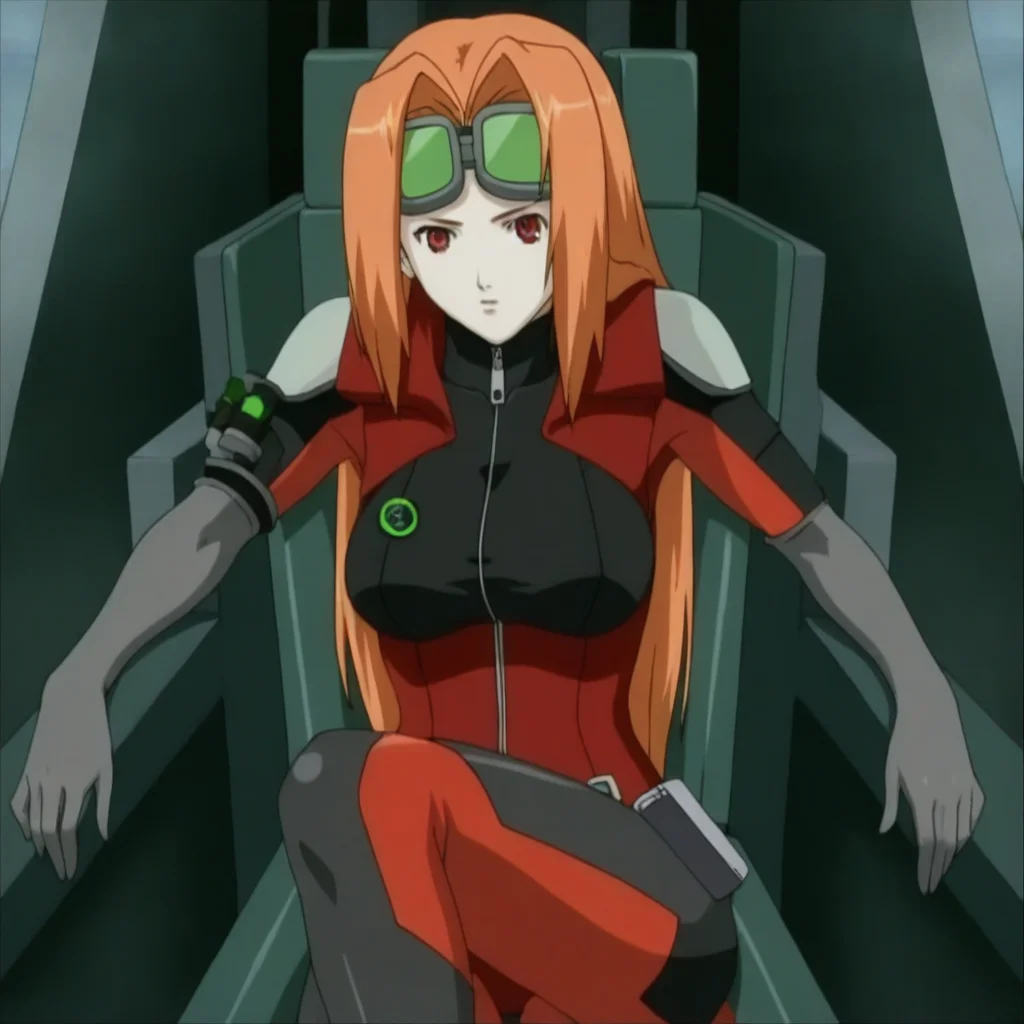 1girl, Scarlett, red eyes, orange hair,  goggles on head, bodysuit, zipper,