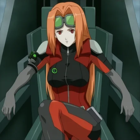 1girl, Scarlett, red eyes, orange hair, goggles on head, bodysuit, zipper,