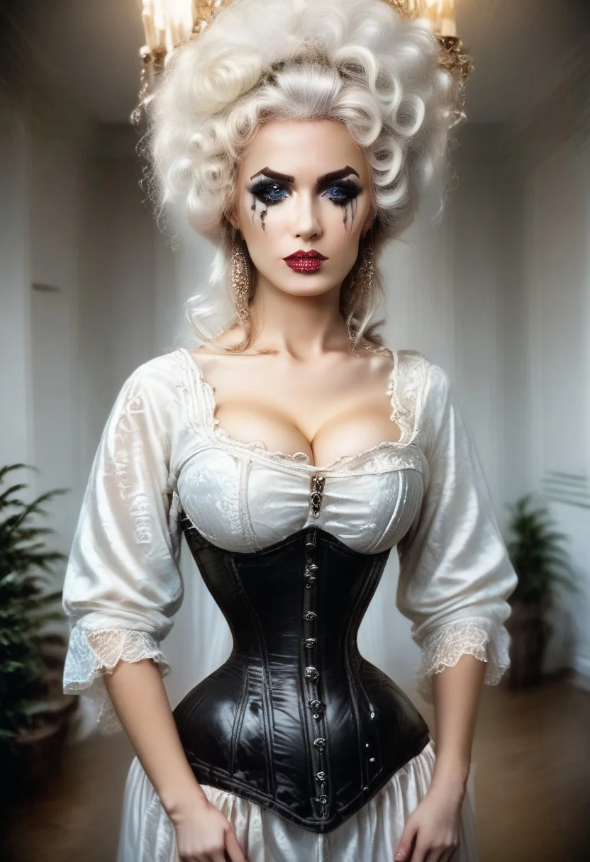 score_9, score_8_up, score_7_up, rating_safe, concept art, realistic, dark theme, low light, dvr-gs, Fixhand.
1girl, solo, cute face, sexy face, Lush white hair, blue eyes, Sexy makeup.
(huge breast:1.2), (Round breast:1.2), covered breast.
ExtrCorset, (Leather corset:1.2).
NeckCorset, (Leather neck corset:1.2).