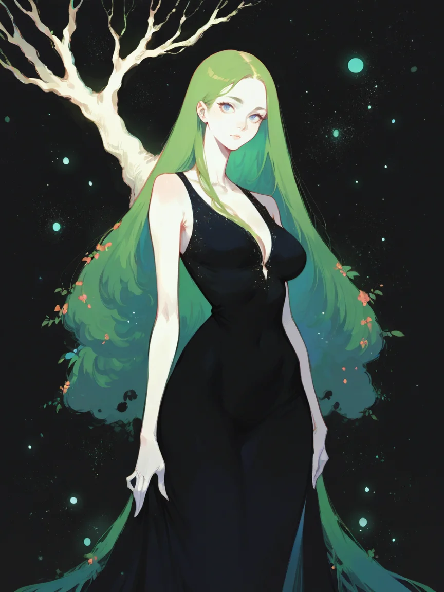 score_9, score_8_up, score_7_up, score_6_up, score_5_up, <lora:watXLP:0.7> wat, 1girl, solo, black background, blue eyes, white skin, looking at viewer, tree, abstract, curvy, starry sky, long hair, black dress, green hair,